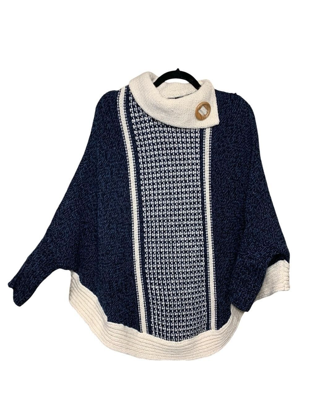 Knit Sweater Poncho Blue Cream Bat wing Sleeves Sz M/L Wool Blend Made Portugal